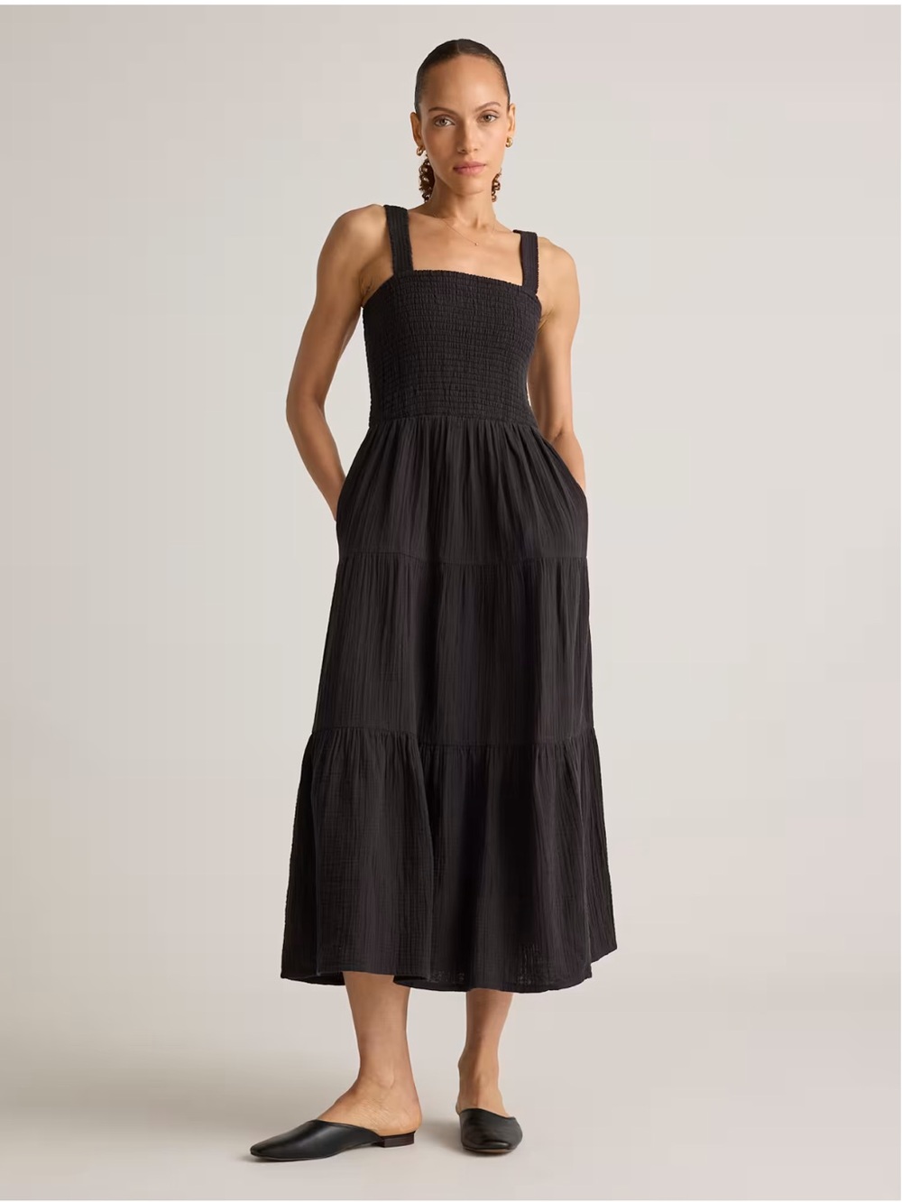 NWT Quince Black large petite 100% ORGANIC cotton gauze Smocked Maxi Dress